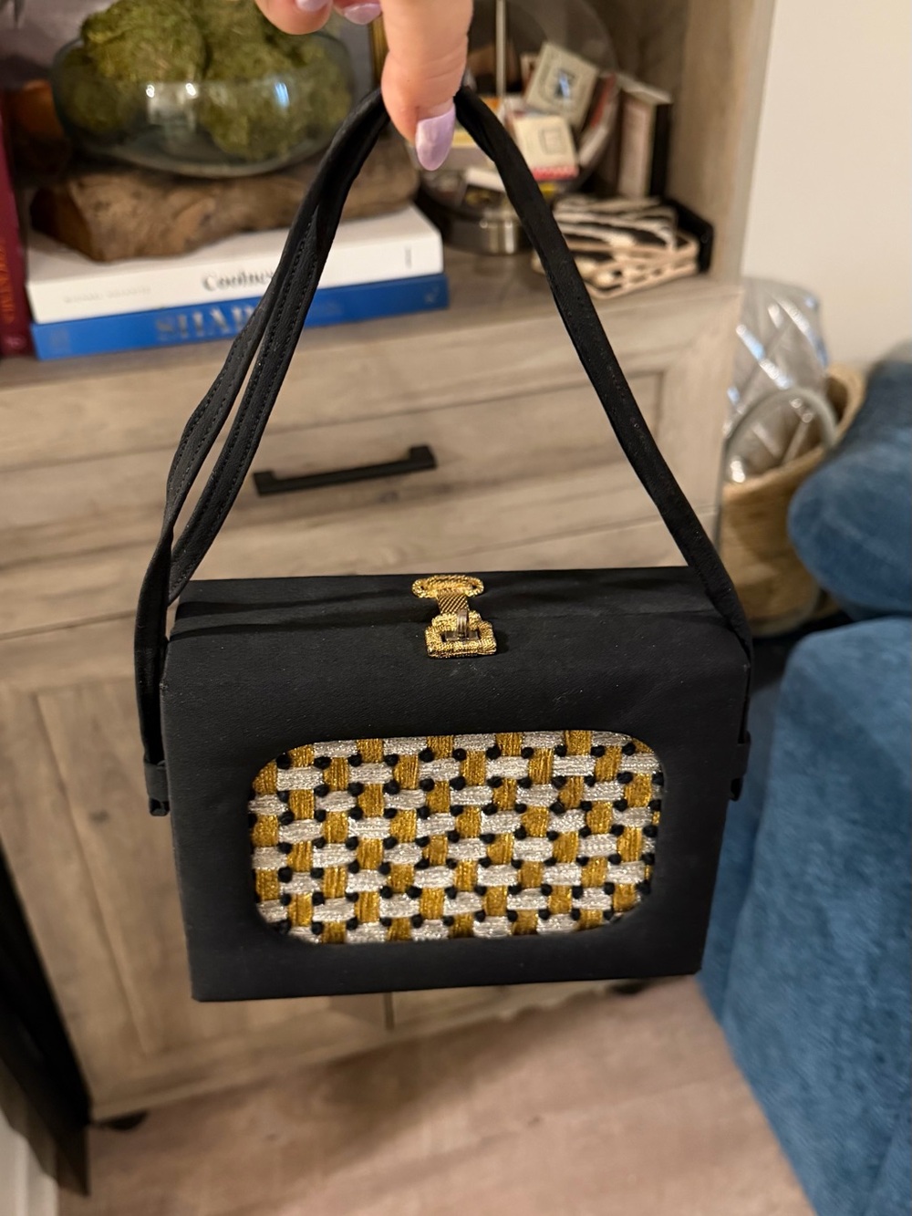 Vintage Black Box Clutch with Gold & Silver Woven Front